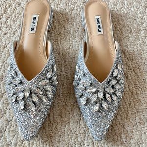 Glitter crystal silver flat mules